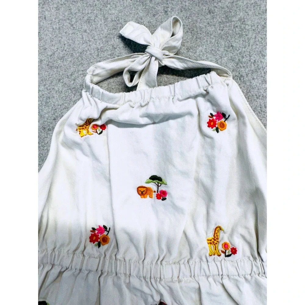 Gymboree 4T Safari Animals Embroidered Halter Dress Girls White Cotton Summer
